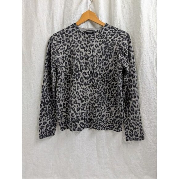 Nina Leonard Dress women's size Large Lambswool Angora animal print cardigan O9 - Picture 1 of 7